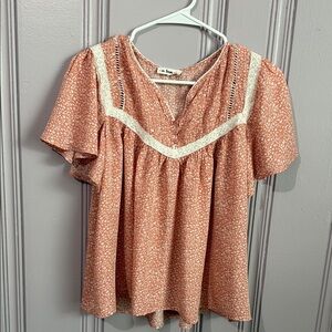Chic Coral Blouse with Lace Detail